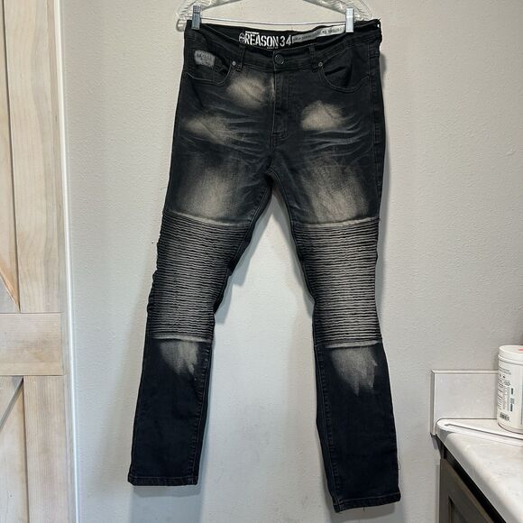 Reason Mens Jeans 34x28 Distressed Indie Hip Hop Streetwear Hand Crafted Denim - Picture 1 of 14
